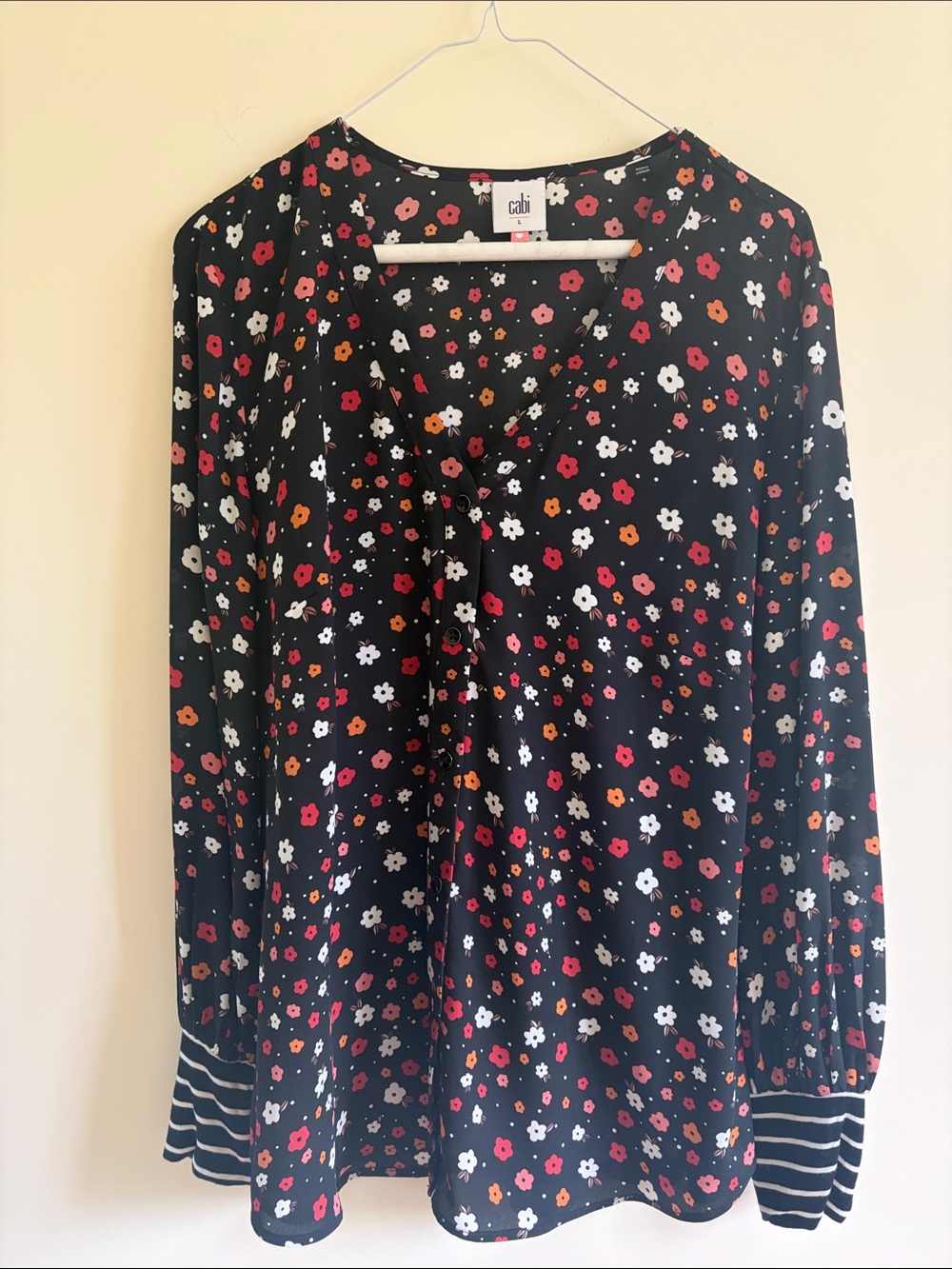 CAbi Black Floral Blouse with Red, White & Orange Blooms